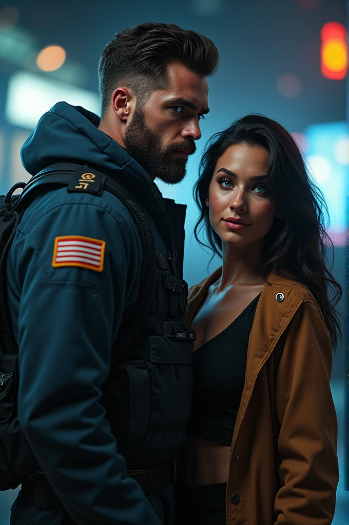 Male Lieutenant, rubio, young, with beard, and with muscles and tall, next to a black-haired woman with blue eyes, with a black t-shirt, both smiling.