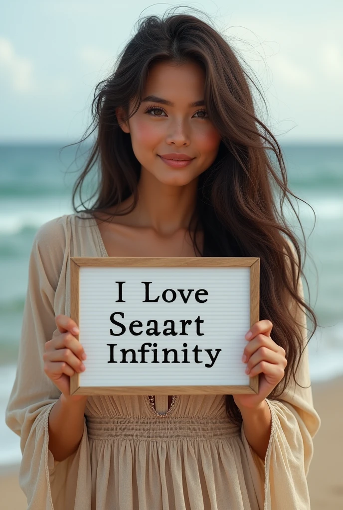 Beautiful girl with wavy long hair, bohemian dress, holding a white board with text "I Love Seaart Infinity" and showing it to the viewer