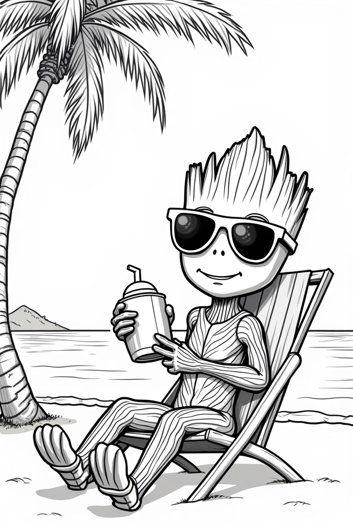baby Groot wearing beachwear and sunglasses sitting on a beach chair, holding a coconut water with the sea in the background and under a coconut tree black and white line art