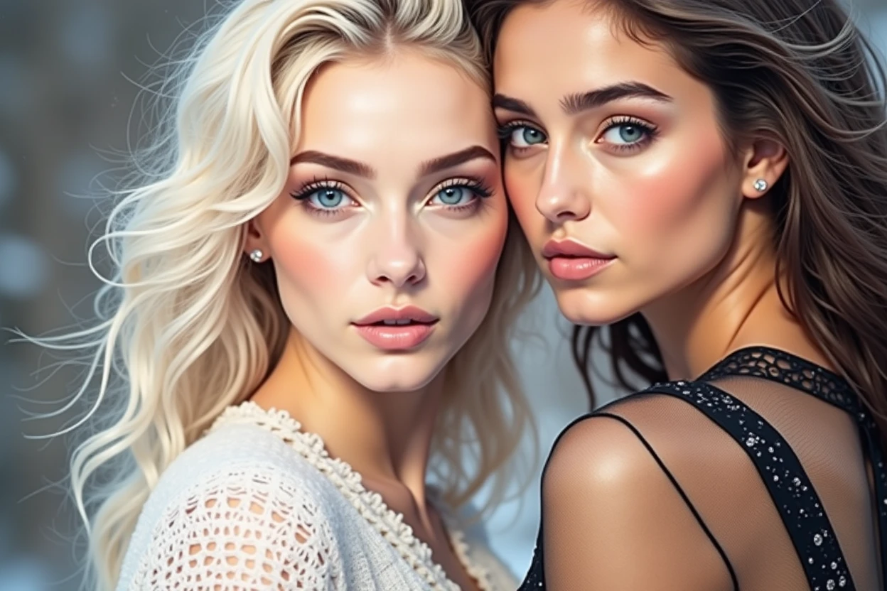 (masterpiece, highest quality, beauty and aesthetic), photograph, beautiful face, perfect face, highly detailed beautiful face and eyes, two gorgeous and stunning dark-skinned or pale-skinned young girls are deeply in love with each other, kiss, perfect make-up, romantic atmosphere, snow and moon, magnificent panorama view