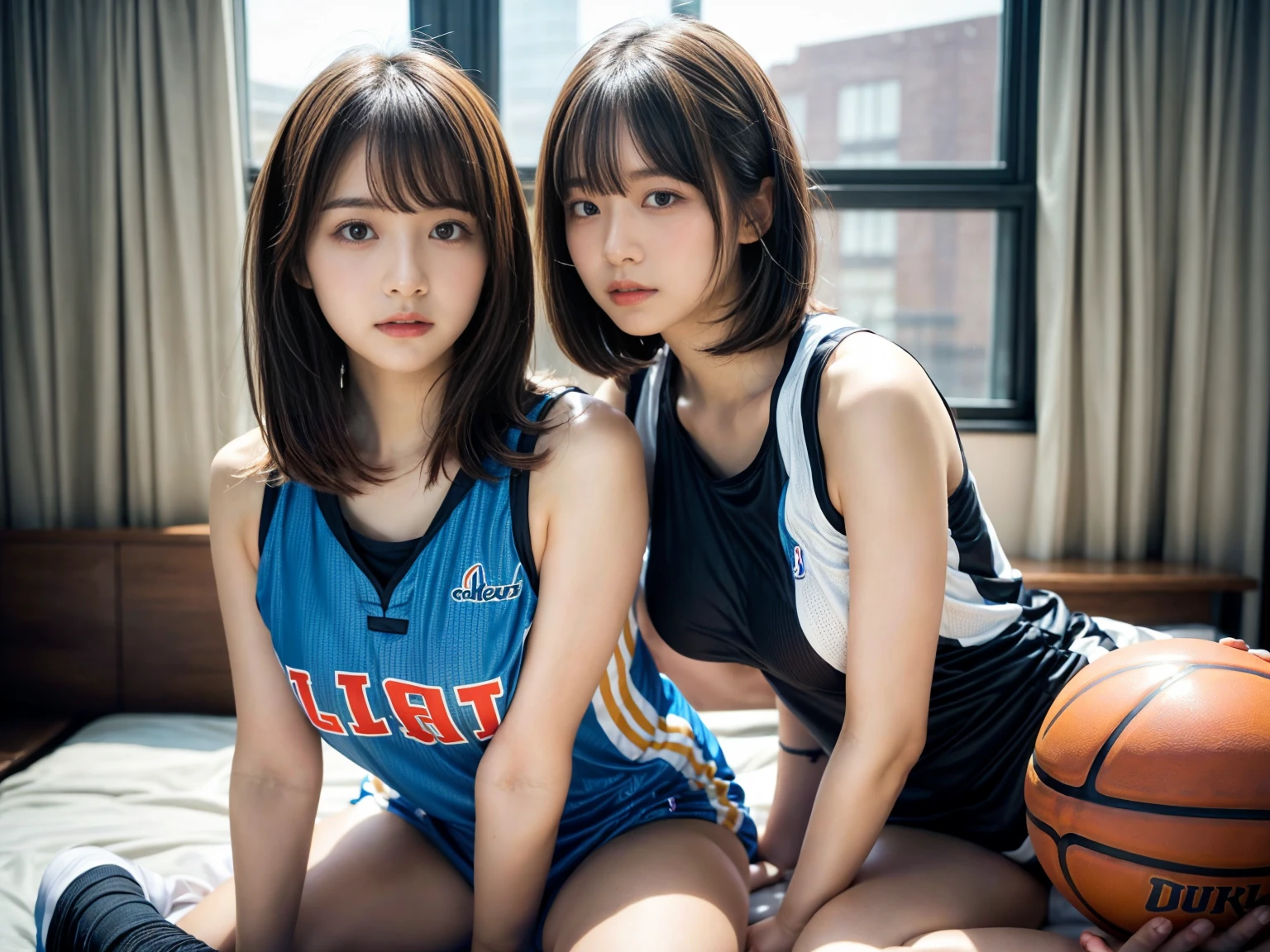 masterpiece, best quality, illustration, Super detailed, fine details, High resolution, 8K,wall paper, perfect dynamic composition,(Details High quality, realistic depiction of eyes:1.3), (2 girls), (NBA),(basketball sportswear),(play basketball),(reality), short bob hair, in a hotel room in the background, deep on field, large breasts, black hair color, Big Natural Color Lip, (perfect body shape), crying a little、Harajuku style、20 year old girl、cute type、beautiful legs, Gravure Idol