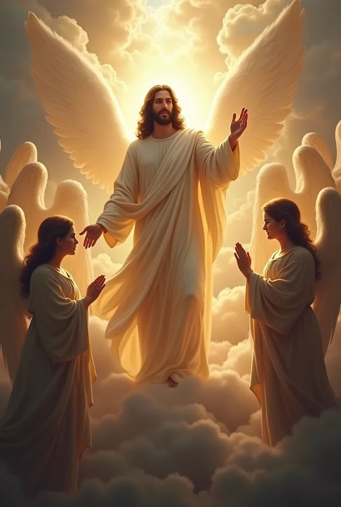 Jesus Christ in the middle of the sky, the sunlight is dim in the clouds, and the angels are all around her, looking forward, his hand extended downwards, and the features of his face are visible and he is smiling.