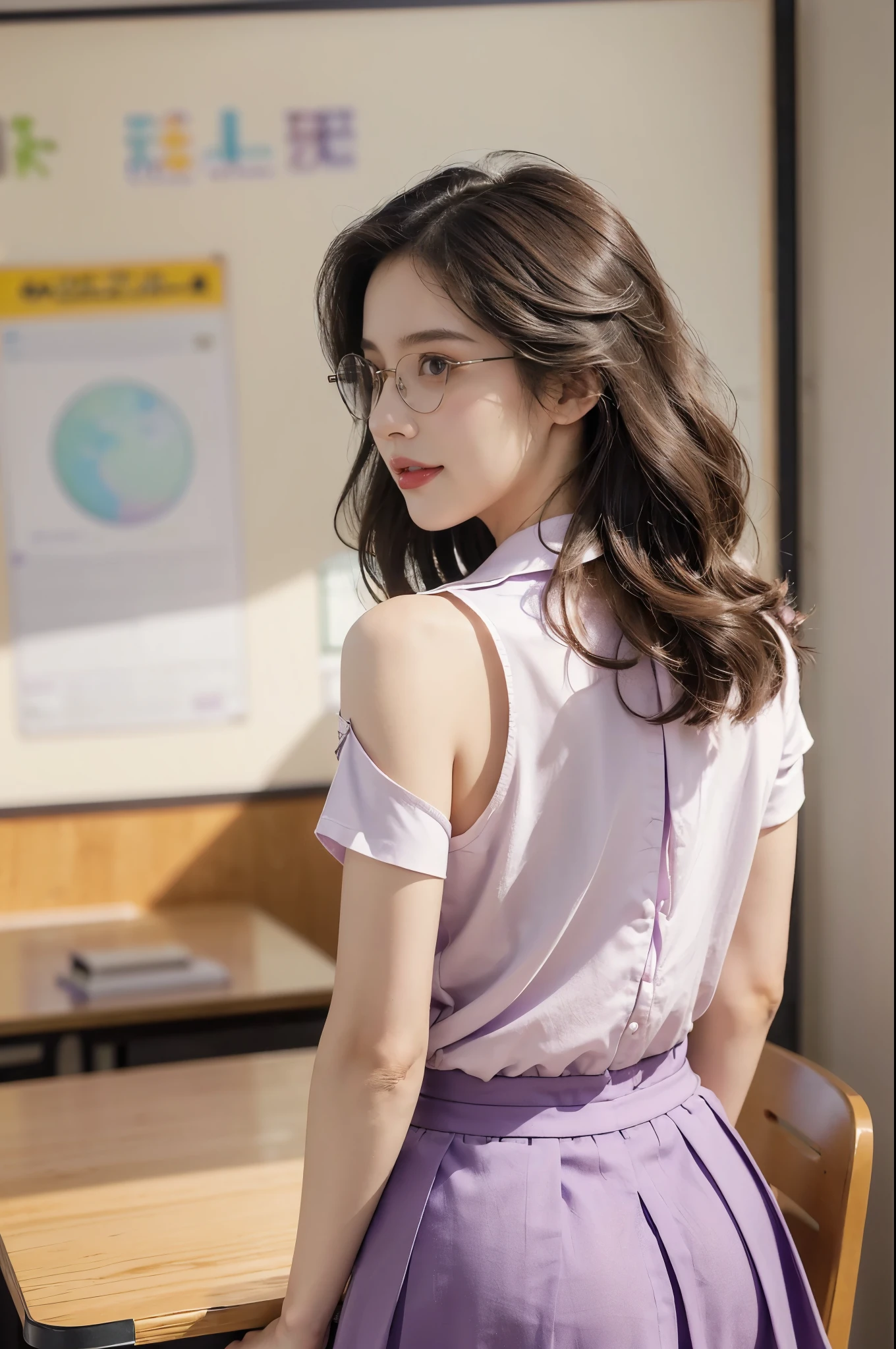 (((best quality))),(((ultra detailed))),(((masterpiece))),illustration,((1 beautiful young girl,female teacher,solo)),(shoulder-length wavy bob:1.3),(glasses:1.2),((slim,thin)),((towering hips,butt crack)),(summer:1.3),(indoor:1.2),(in classroom:1.3),(light purple collared short-sleeved shirt:1.3),(maxi purple bubble skirt:1.3),(standing:1.3),elegance, confidence, professional attire, fashionable, personal style, wall posters, maps, colorful, learning, organized, desks, chairs, whiteboard, important information, diagrams, bright eyes, focused, gentle smile, warmth, kindness, positivity, enthusiasm, inspiring, students, joy, intelligence, snapshot, dedication, grace,((from back,upper body))