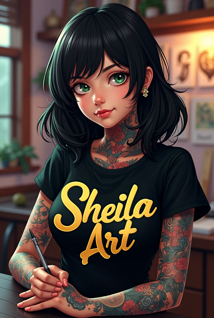 Disney Fiona drawing with short black hair with tattoos on her body wearing a black t-shirt with golden writing saying sheila art tattoo & Body Piercings