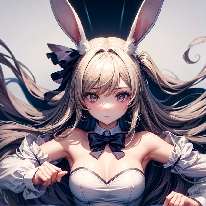 NSFW、Highest quality、(Bunny girl)、tights、High heels、Glossy Bunny Suit、((On all fours))、No background、Silver short hair、Beautiful Eyes、Beautiful Face、Delicate eyes、((Facing the viewer))、Upper body close-up

