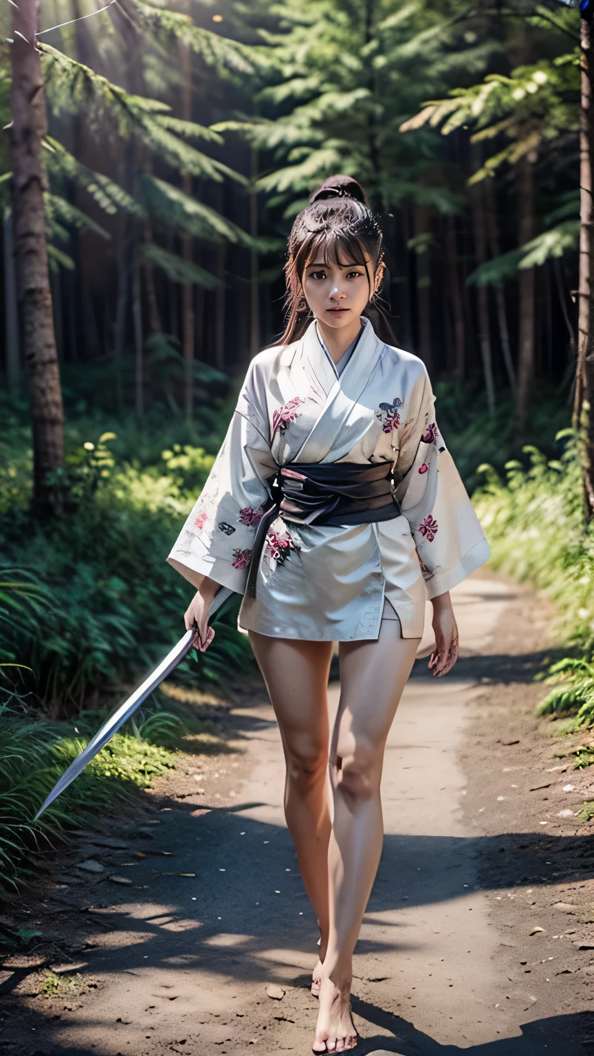 (was:1.3、((A female ninja standing in a fighting position with a weapon in the forest:1.5)、With background)、(Female ninja with a sword:1.5))、(Realistic、Like a photograph、Live Action、8k, Realistic, RAW Photos, Best image quality: 1.4), Single-lens reflex camera、RAW Photos, Highest quality, Realistic, Highly detailed CG Unity 8k wallpaper, Written boundary depth, Cinematic Light, Lens flare, Ray Tracing, Realistic background、(kunoichi:1.4、White floral kimono:1.5、p-line:1.3)、Grey Hair、short hair、Short Ponytail、((Ultra-Dense Skin))、 1 girl,Cute Kunoichi、(whole body:1.5)、I like that style、Pay attention to the details、Perfect outfit、(White skin)、Accurate Arm、Accurate feet、Beautiful legs、Precise thighs、Anatomically correct body、View from above