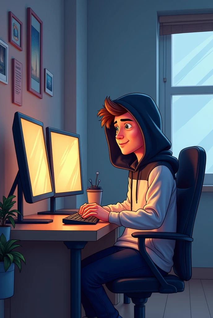  Cartoon of a ager with black hair, brown eyes, black sweatshirt, black pants, white shoes, playing with a gamer pc