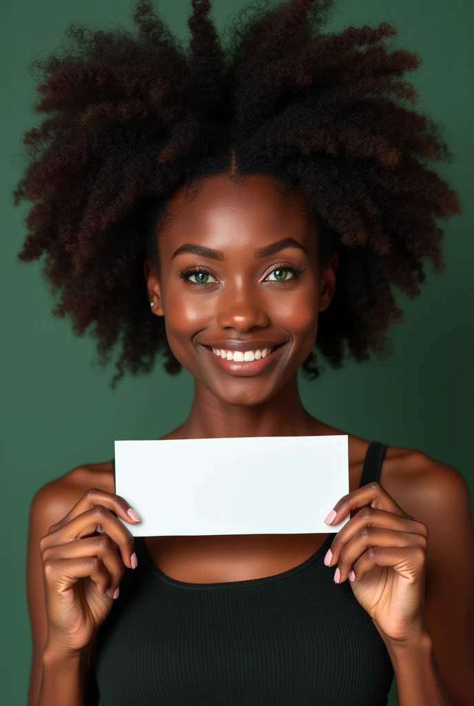 black woman with green eyes holding a 15k banner