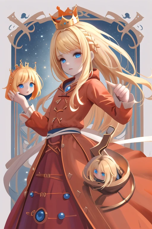 Characters from the game guardian tales,Little Princess,blonde hair,blue eyes,crown,red coat,Orange Shirt,Two-layer skirt in orange and white