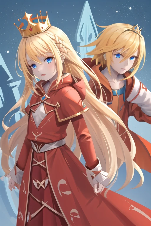 Characters from the game guardian tales,Little Princess,blonde hair,blue eyes,crown,red coat,Orange Shirt,Two-layer skirt in orange and white