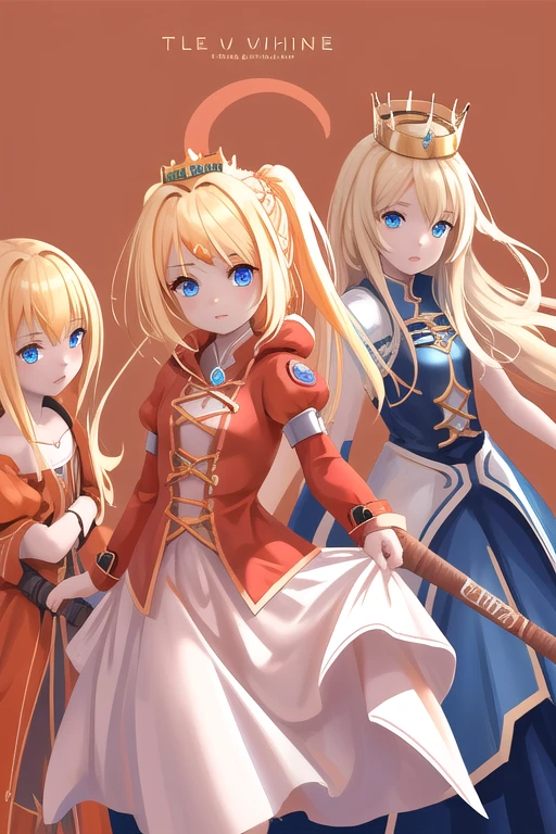 Characters from the game guardian tales, Princess,blonde hair,blue eyes,crown,red coat,Orange Shirt,Two-layer skirt in orange and white