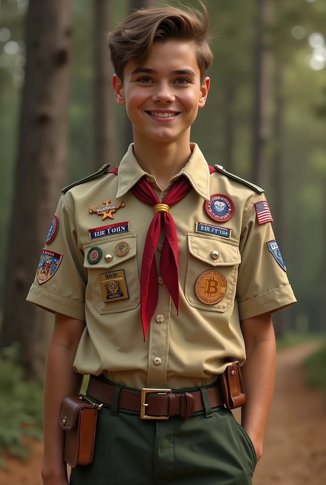 give me an image of badem powell with the scout uniform and bitcoin badges for building an nft 1000x1000 jpg