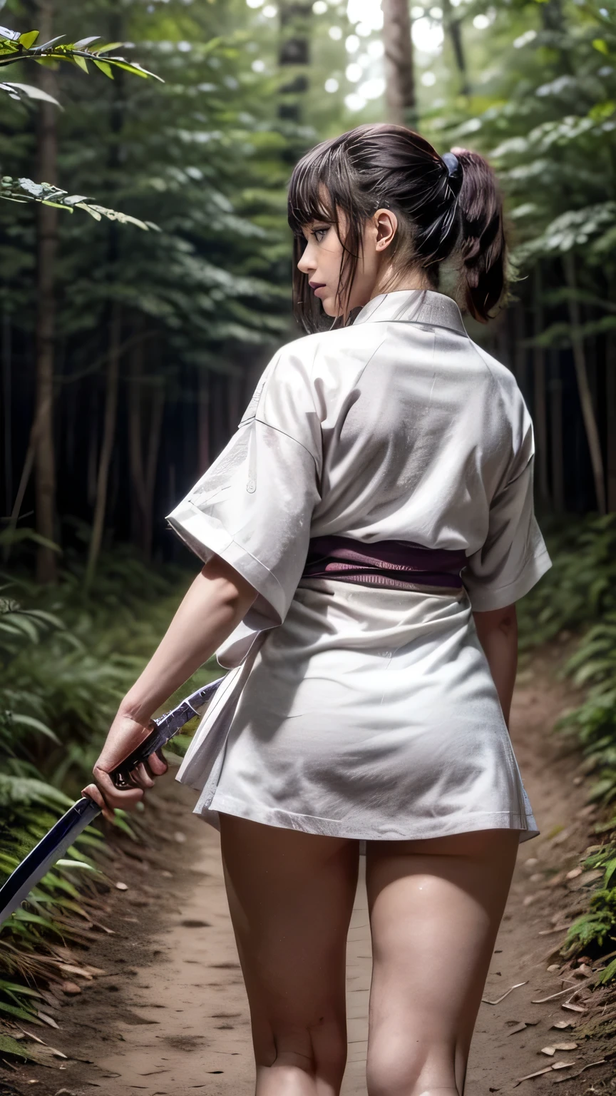 (was:1.3、((A female ninja standing in a fighting position with a weapon in the forest:1.5)、With background)、(Female ninja with a sword:1.5))、(Realistic、Like a photograph、Live Action、8k, Realistic, RAW Photos, Best image quality: 1.4), Single-lens reflex camera、RAW Photos, Highest quality, Realistic, Highly detailed CG Unity 8k wallpaper, Written boundary depth, Cinematic Light, Lens flare, Ray Tracing, Realistic background、(kunoichi:1.4、White floral kimono:1.5、p-line:1.3)、Grey Hair、short hair、Short Ponytail、((Ultra-Dense Skin))、 1 girl,Cute Kunoichi、(whole body:1.5)、I like that style、Pay attention to the details、Perfect outfit、(White skin)、Accurate Arm、Accurate feet、Beautiful legs、Precise thighs、Anatomically correct body、View from behind