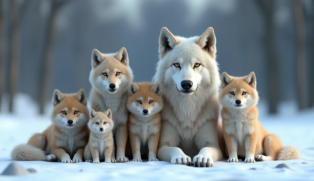 Create a hyper-realistic, photorealistic image of a beautiful wolf family. The family consists of a majestic father wolf, a graceful mother wolf, and five wolf pups of varying ages. They are all calmly looking at the viewer, exuding a sense of tranquility and strength. Each wolf has a unique color and fur pattern, showcasing a variety of hues and textures. The background features a softly blurred snowy forest, adding depth and atmosphere. The wolves' fur is strikingly beautiful, capturing their natural elegance and power
