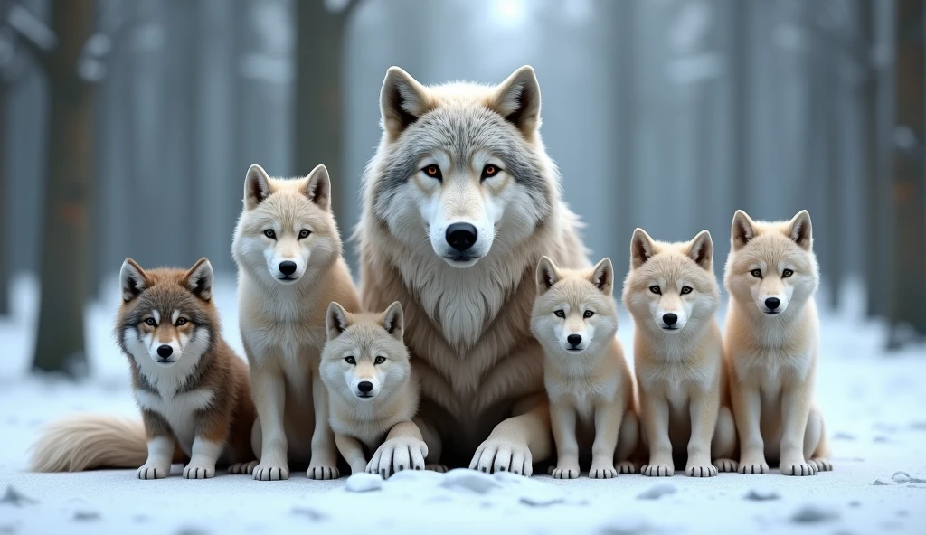 Create a hyper-realistic, photorealistic image of a beautiful wolf family. The family consists of a majestic father wolf, a graceful mother wolf, and five wolf pups of varying ages. They are all calmly looking at the viewer, exuding a sense of tranquility and strength. Each wolf has a unique color and fur pattern, showcasing a variety of hues and textures. The background features a softly blurred snowy forest, adding depth and atmosphere. The wolves' fur is strikingly beautiful, capturing their natural elegance and power