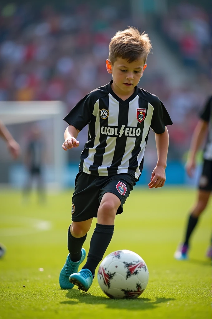 Boy dressed as Colo-Colo playing soccer