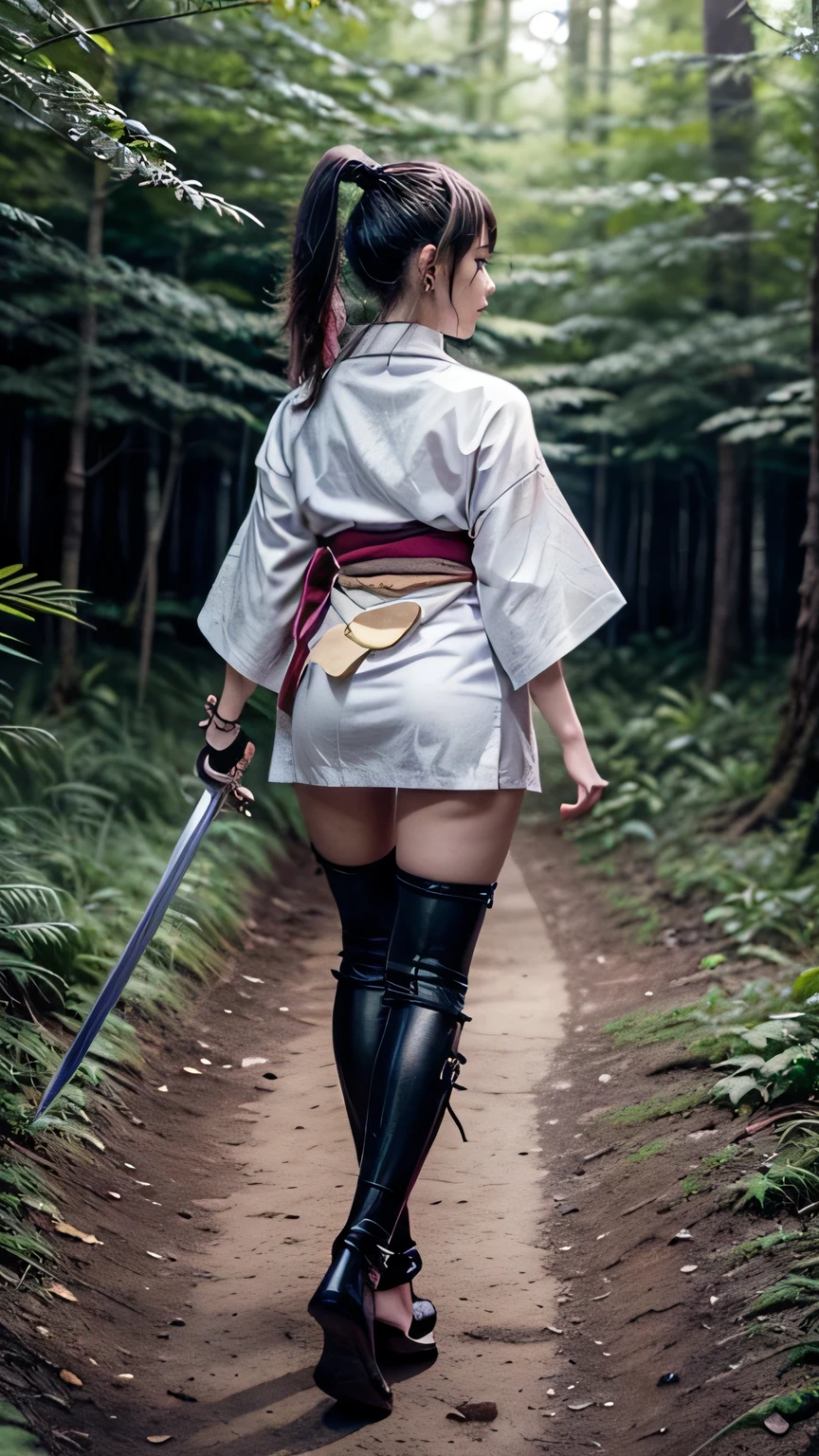 (was:1.3、((A female ninja standing in a fighting position with a weapon in the forest:1.5)、With background)、(Female ninja with a sword:1.5))、(Realistic、Like a photograph、Live Action、8k, Realistic, RAW Photos, Best image quality: 1.4), Single-lens reflex camera、RAW Photos, Highest quality, Realistic, Highly detailed CG Unity 8k wallpaper, Written boundary depth, Cinematic Light, Lens flare, Ray Tracing, Realistic background、(kunoichi:1.4、White floral kimono:1.5、p-line:1.3)、Grey Hair、short hair、Short Ponytail、((Ultra-Dense Skin))、 1 girl,Cute Kunoichi、(whole body:1.5)、I like that style、Pay attention to the details、Perfect outfit、(White skin)、Accurate Arm、Accurate feet、Beautiful legs、Precise thighs、Anatomically correct body、View from behind