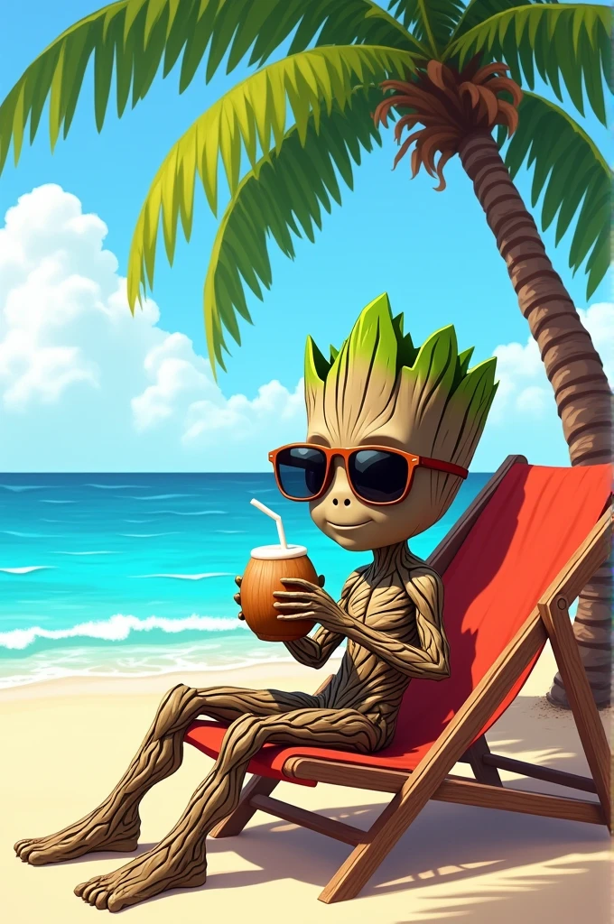 baby Groot wearing beachwear and sunglasses sitting on a beach chair, holding a coconut water with the sea in the background and under a coconut tree line art