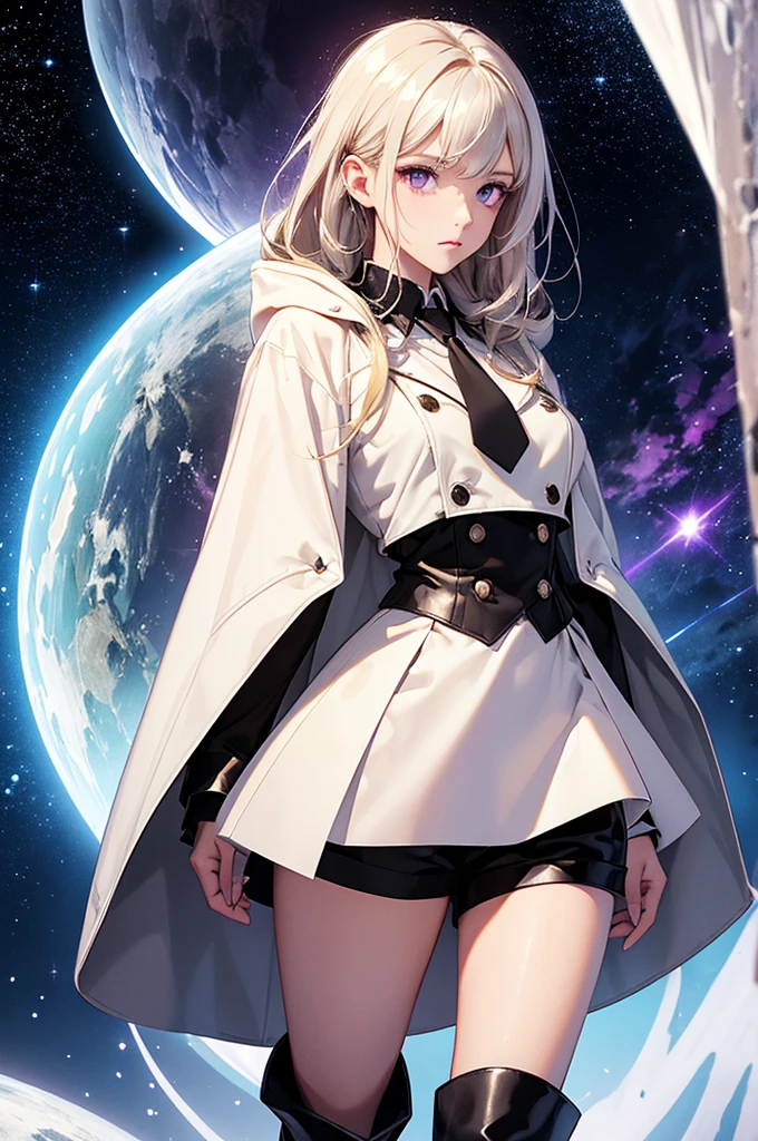 collared white blouse, a black double-breasted vest, shorts with beige trim, and leather boots, hooded silver cloak, female character, light blonde hair, purple eyes, fantastic galactic world, gas aura, galactic atmosphere, radiance and shine of stars, luminescence, fairy-tale atmosphere, surrealism, abstraction, masterpiece, best quality