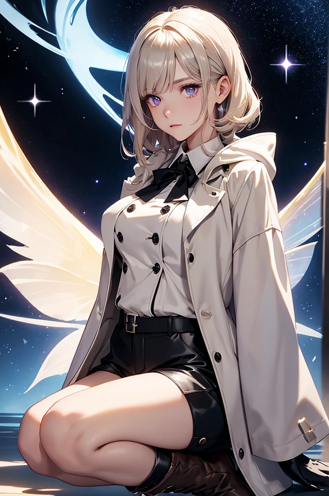 collared white blouse, a black double-breasted vest, shorts with beige trim, and leather boots, hooded silver cloak, female character, light blonde hair, purple eyes, fantastic galactic world, gas aura, galactic atmosphere, radiance and shine of stars, luminescence, fairy-tale atmosphere, surrealism, abstraction, masterpiece, best quality