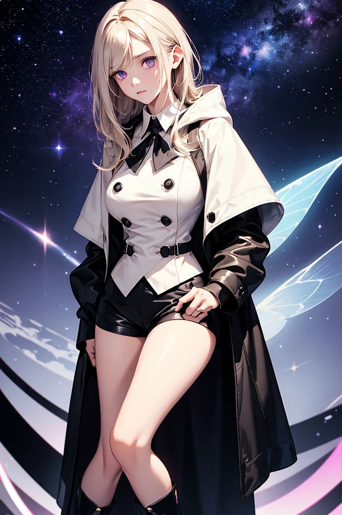 collared white blouse, a black double-breasted vest, shorts with beige trim, and leather boots, hooded silver cloak, female character, light blonde hair, purple eyes, fantastic galactic world, gas aura, galactic atmosphere, radiance and shine of stars, luminescence, fairy-tale atmosphere, surrealism, abstraction, masterpiece, best quality
