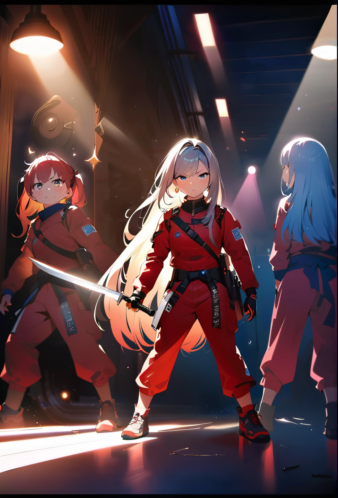 masterpiece, Highest quality, (((Valley Battlefield)))、(((Angry Face)))、Raising awareness, Large knife, プラチナEarrings, Platinum Necklace, Red combat suit,Carrying a weapon, Three Girls, cute, (Dynamic Lighting:1.2), Cinema Lighting, Delicate facial features, Detailed eyes, Sharp pupils, Realistic student, Written boundary depth, ボケ Written boundary depth, Sharp focus, (Very detailed, bloom, Shine:1.4), Lots of little gems, (((long_hair))), Twin tails、Earrings、分けた前hair、銀hair、whole body、Ultra close-up footage、The top is transparent up to the chest.、See-through design。The bottoms are a very short navy blue pleated skirt.、Fits snugly around the waist。The background is simple white.、this、The text is easier to see.。The light source is a soft light from the front....、The overall atmosphere is bright and clean....。