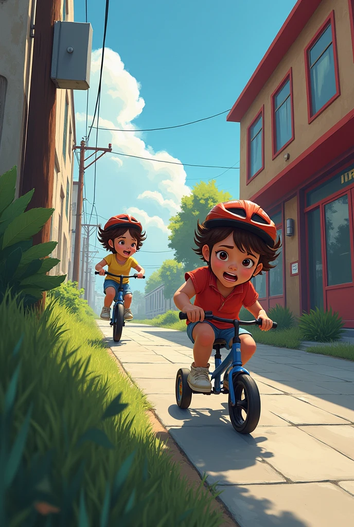 There are children running down the hill at a high rate of speed.
There is a dangerous place at the bottom of the hill.
The child runs toward the bottom of the hill.
The mother chases the child on a tricycle.
The mother's face shows despair.
The setting is an urban area; to the right is a fire station.