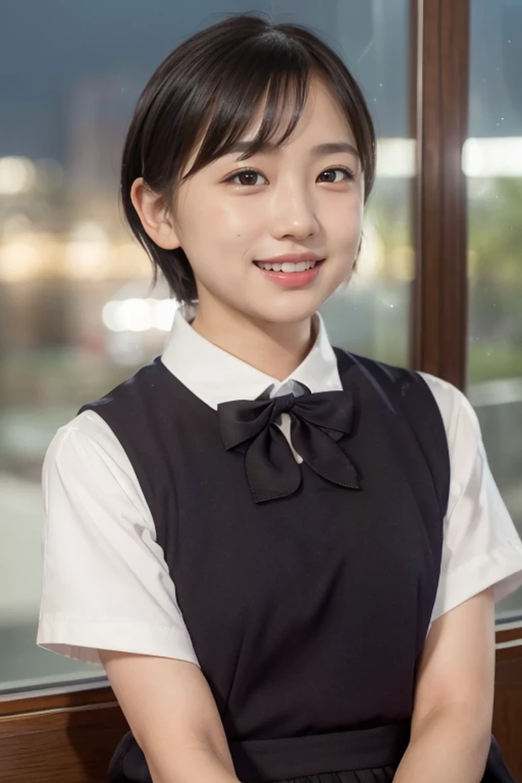 (8k, RAW photo, best quality, masterpiece:1.2), (realistic, photo-realistic:1.37), ultra-detailed, 1 girl, cute, solo, beautiful detailed sky, detailed cafee, night, sitting, dating, (nose blush), (smile:1.1), (closed mouth), medium breasts, beautiful detailed eyes, (collared shirt:1.1), bowtie, pleated skirt, (short hair:1.2), floating hair