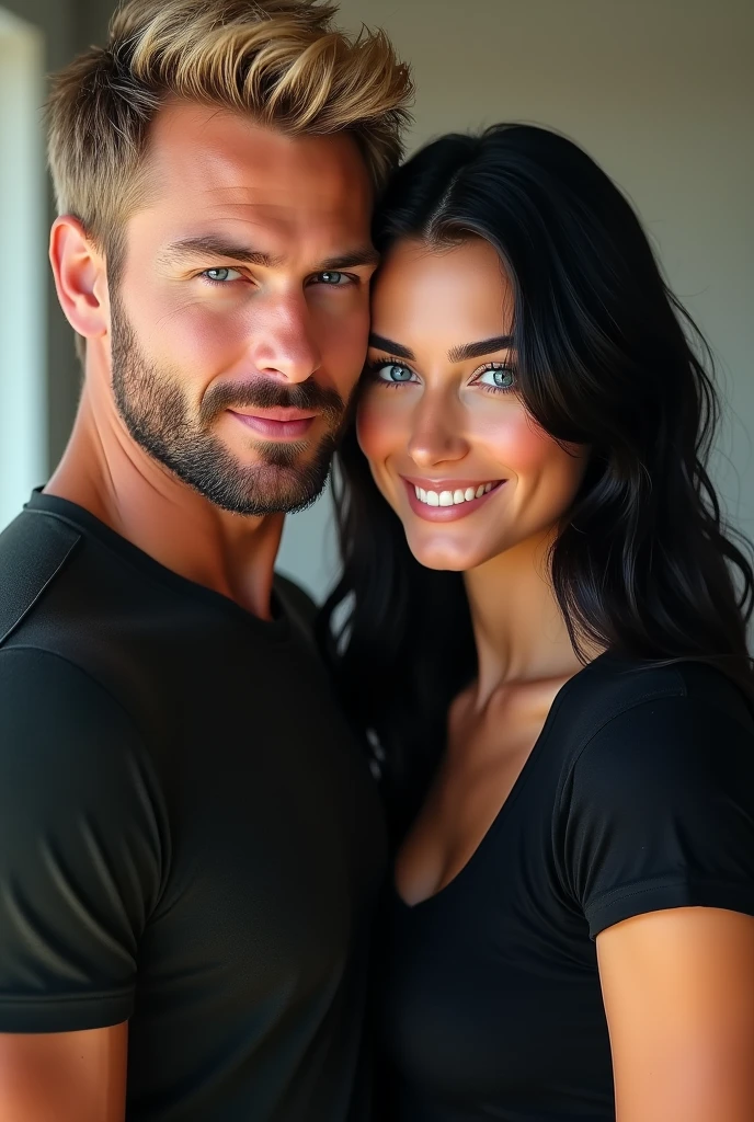  Male Lieutenant, rubio, young, with beard, and with muscles and tall, next to a black-haired woman with blue eyes, with a black t-shirt, both smiling. 