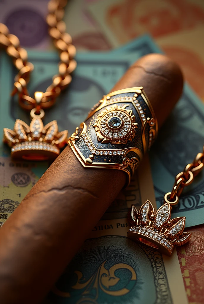 I want a Cuban with diamonds that has a gvbo77 and a pendant crown with a background of bills