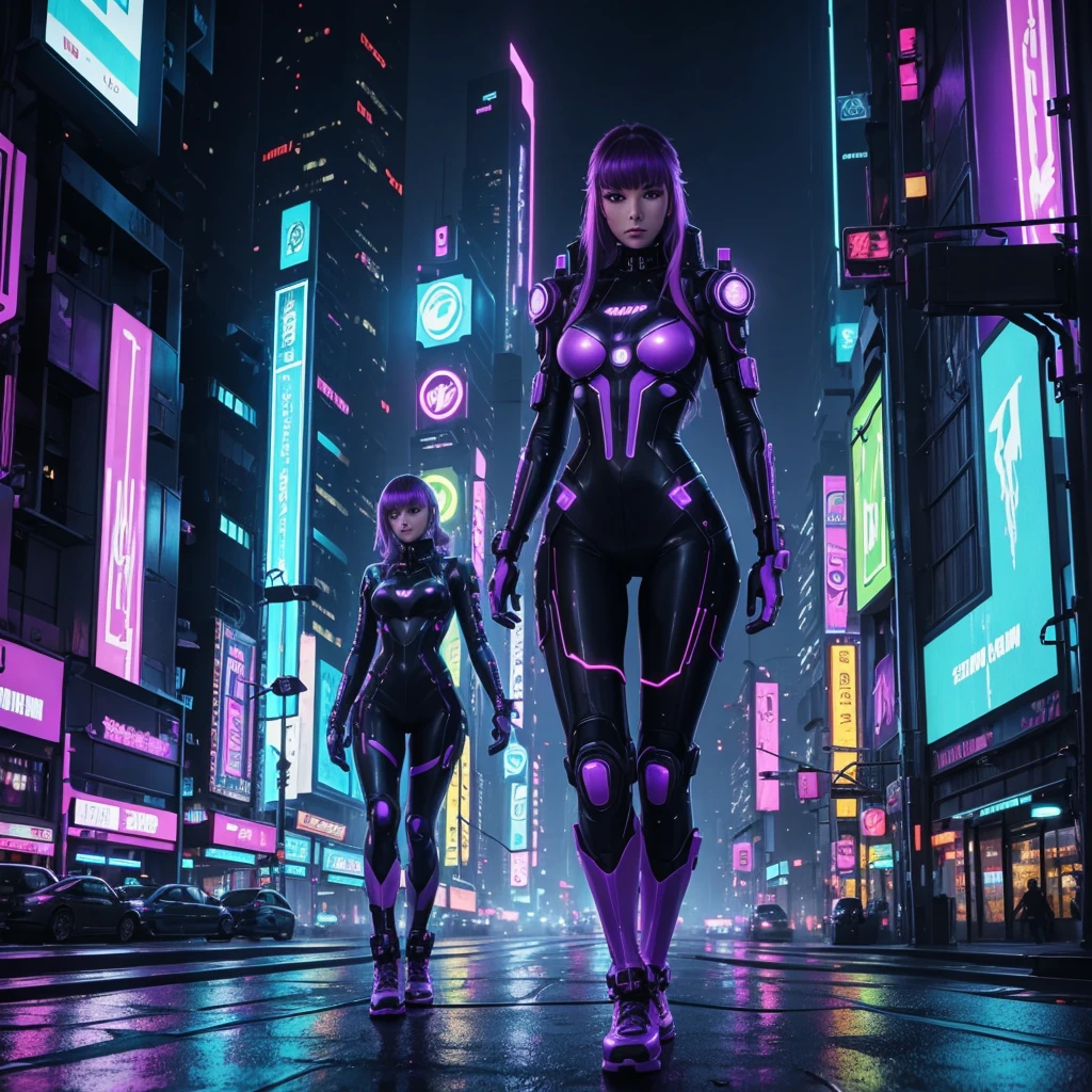 A vibrant cyberpunk scene featuring a cyber girl in a futuristic setting. She is in the center of a city lit by bright neon lights., with tall skyscrapers and wet streets covered in fog. The cyber girl has visible technological implants and is dressed in futuristic high-tech clothing. The scene includes hologram panels, bright billboards in shades of purple, lilac and blue, and advanced technology details. The environment is gloomy and rainy, with neon light reflections on the water in the streets