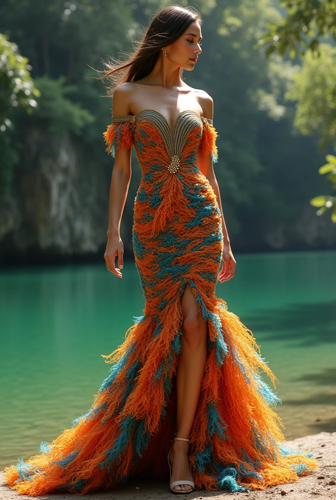 A mermaid cut dress, with a leg opening, and elegant and modern off-the-shoulder neckline, but with a theme referring to the Andean Amazonian culture, It can be a little colorful