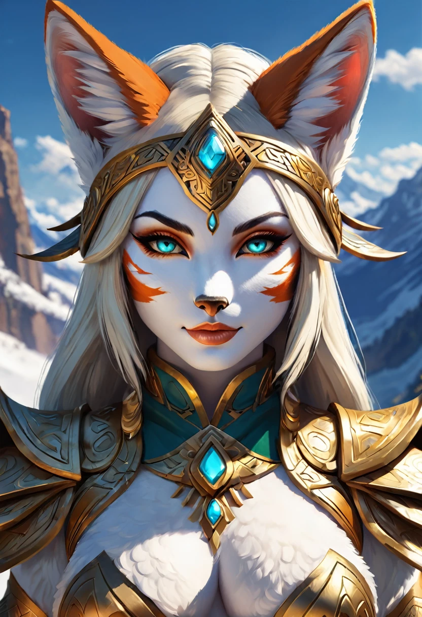 Anthropomorphic feminine kitsune enchantress. Official Art – An Award-Winning Digital Masterpiece In 4K Ultra HD, Extreme Detail And Intricate Realism. Symmetrical Face. This Concept Art Brought To Life By The Hands Of Artists Like Wlop & Artgerm In A Stunning 2D Vector Illustration. Breath of the wild. Background Is A Panoramic Vista.
