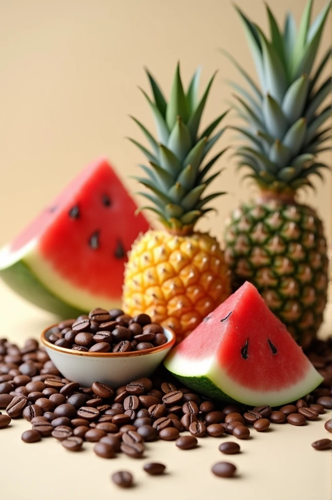 Make me a still life composition with coffee beans, watermelon and pineapple