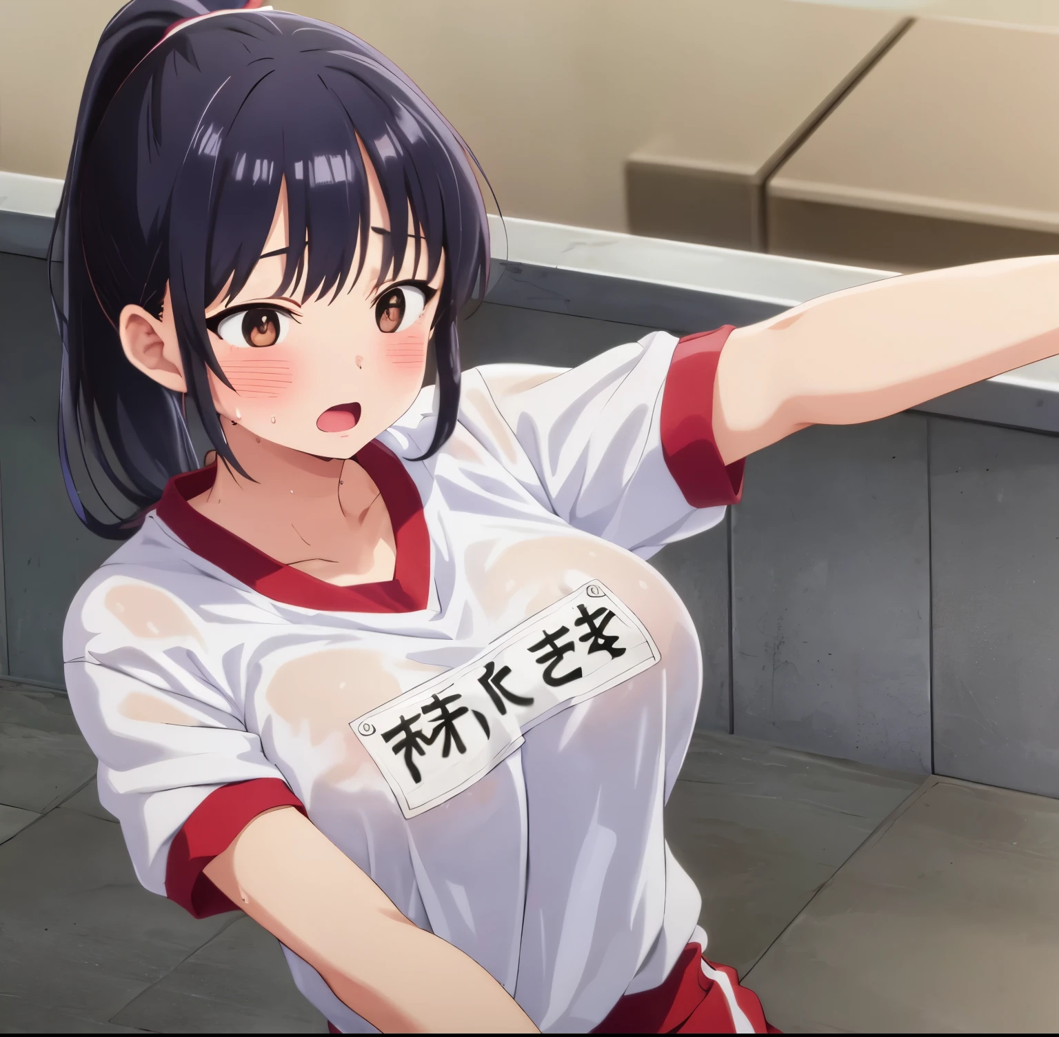 1girl,alone, Anna Yamada,(Masterpiece:1.2, high quality),large breast, gym uniform, brown eyes, shirt, sweat, ponytail, blush, looking at viewer, blue hair, breasts, open mouth, wet, white shirt, short sleeves, name tag, wet clothes, collarbone, upper body, gym shirt, large breasts, perfect hands, perfect anatomy