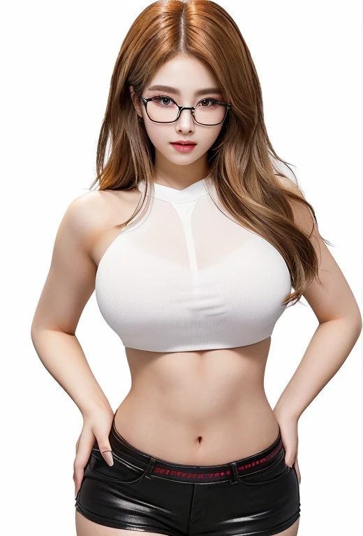 a woman With glasses and a white top is posing for a picture, female protagonist 👀 :8, oppai proportions, I will also make fanart., seductive anime girl, Nerdy appearance, yaoi kasuma, Detailed anime character art, female anime character, thick build, thick, With glasses, as anime character, toques de yaoi kasuma, jisoo from blackpink, popular south korean makeup, quality detailed ,(beautiful makeup :1.2), wide hips, Big, Big ass, (best quality, 8k, masterpiece: 1.3), clear focus: 1.2, Perfect body beauty: 1.4, strong abs, Very detailed face and skin texture. , detailed eyes, double eyelids, (long hair), Having very marked curves, with greater volume in ((hips and breasts)), which makes the waist look much smaller ((wasp waist)).(masterpiece, top quality, Best Quality, official art, depth of field, Beauty: 1.2), pinnacle rendering, Realistic representation, (1 girl), extreme detail, showy, supreme detail, official art, 8k unified wallpaper