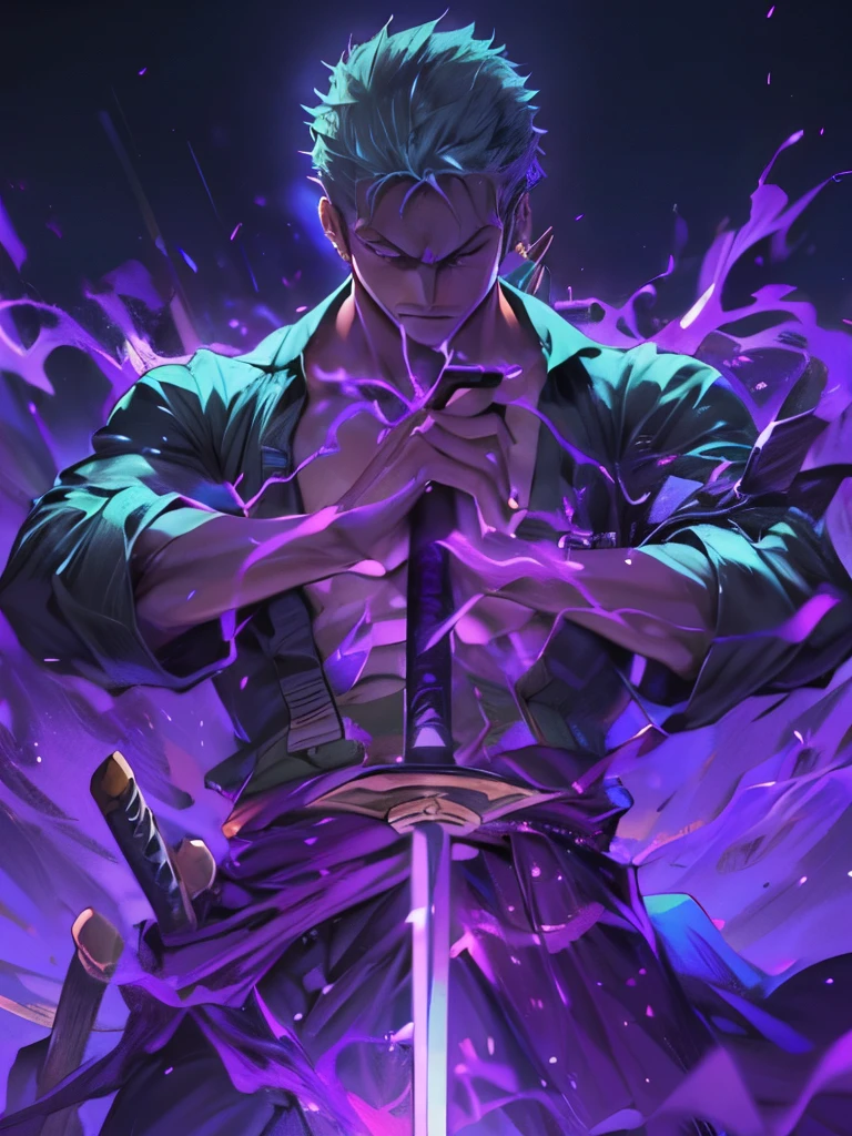 (best quality, highres:1.2, ultra-detailed, realistic:1.37), anime style, roronoa zoro, focuses purple flame Haki-energy in sword, Dynamic Lighting, In style of Wit Studio