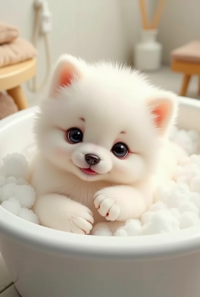 Image of cute furry white brother in the bath