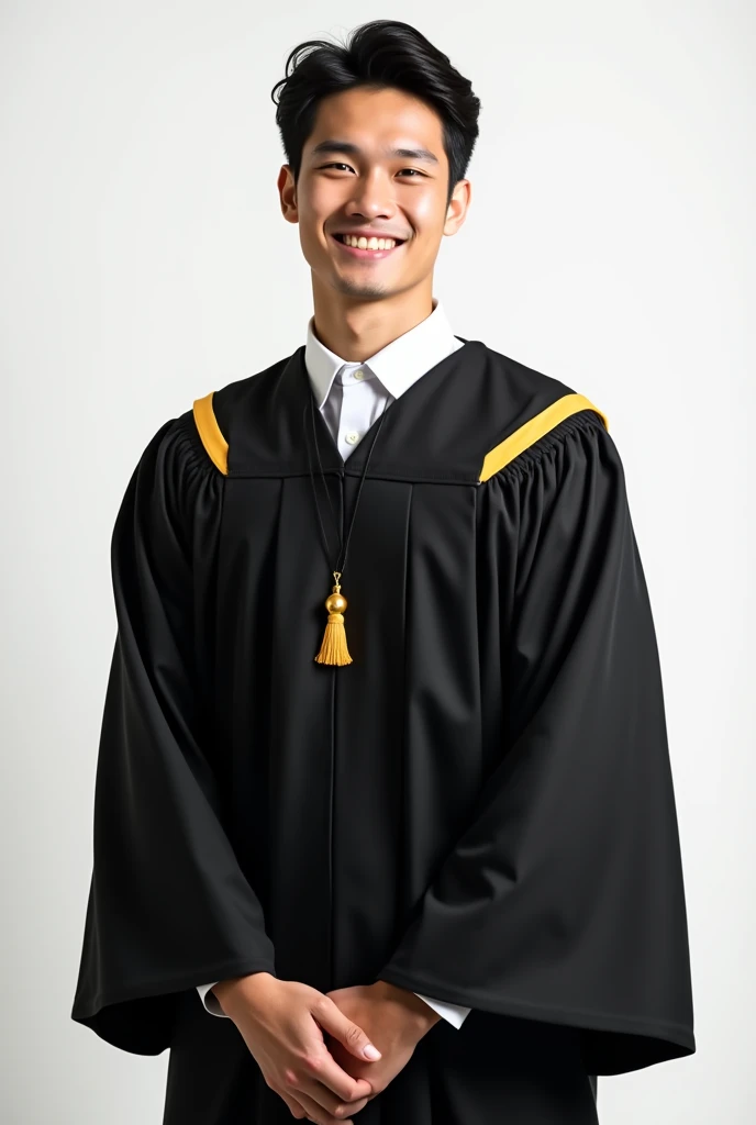 Graduation photos, 27 year old handsome man wearing black graduation gown in photo studio