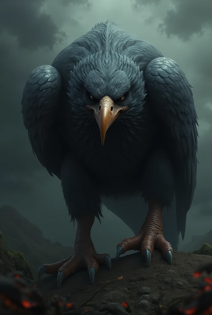 Create an image of a threatening and murderous looking bird that wants revenge against humanity and causes fear in people.