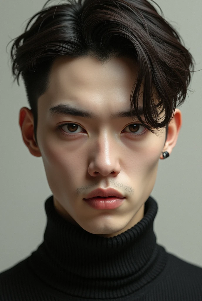 A man with a middle part haircut, medium slanting big eyes, thick nose, full lips, oval and thin bones, moderately prominent chin, brown eyes and hair