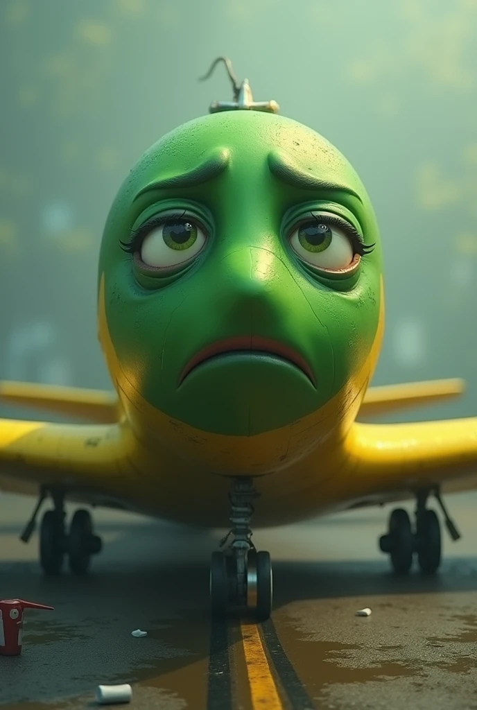 Create green and yellow airplane image with sad face