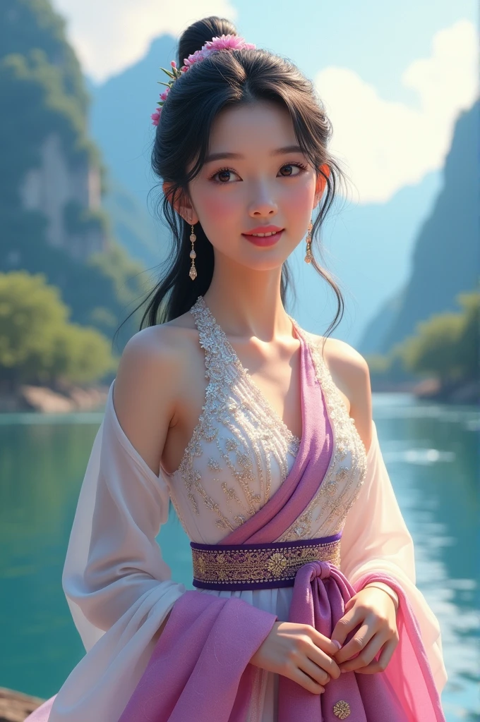 full lenght hiper 4k Think of it as a movie poster for In the Wind of Flowers. The full-body image has the main character as a beautiful, sweet-looking young woman, wearing a sparkling white and pink Dusit Thai dress, a purple and gold sarong, long black hair, loosely tied up, pinned with a small hairpin floating in the background. The scene is of rocks by the big river, beautiful mountains, realistic and beautiful, with mystery, shimmering light. Three-dimensional image, oil painting, sharp image.