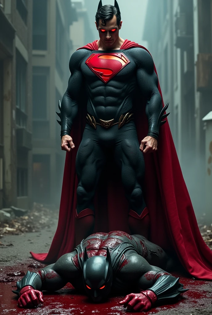 Superman standing with bloody fists and black suite and glowing red eyes, batman laying on the ground unconscious covered in blood with mask that resembles bat