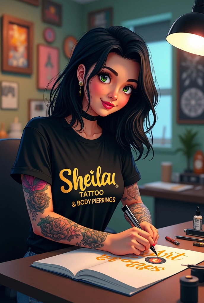Disney tattoo artist drawing, 30 years old, with shoulder-length black hair, greenish eyes, with tattoos on her body, wearing a black t-shirt with golden writing, saying sheila art tattoo & Body Piercings