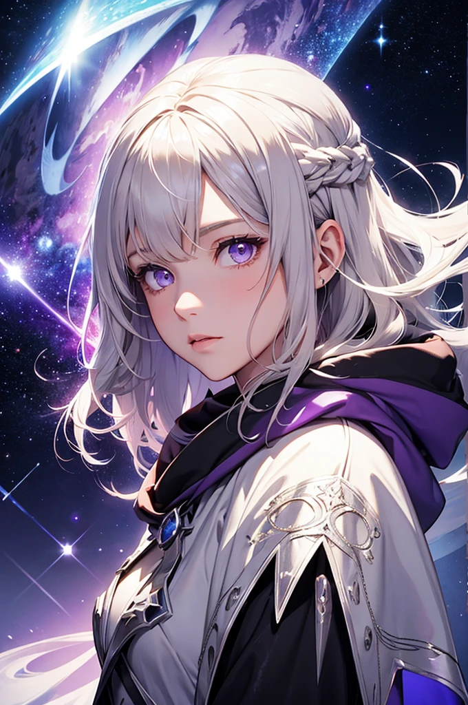 hooded silver cloak, female character, light blonde hair, purple eyes, fantastic galactic world, gas aura, galactic atmosphere, radiance and shine of stars, luminescence, fairy-tale atmosphere, surrealism, abstraction, masterpiece, best quality