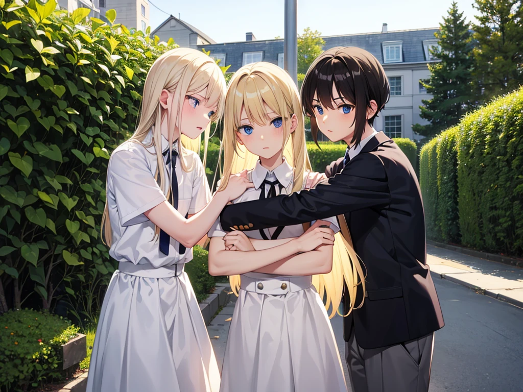 Group of friends one Blond blue eyes white skin One Black hair light eyes hugging the blond One brown hair talking to another boy  all in school uniform 