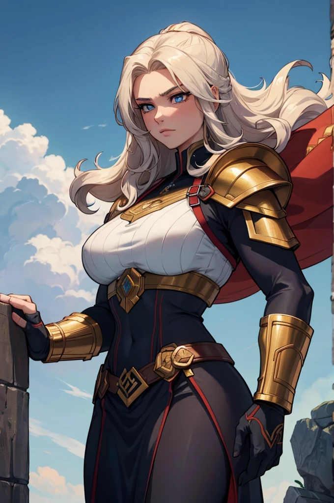 A curvy young warrior of about 18 years old with an appearance that mixes the strength and grace of her father, Thor, and the beauty of his mother (It could be Sif or a Norse goddess). It has an imposing height of approximately 1.80 meters, with an athletic and muscular build, but still feminine. Her hair is long, red and waves with a slight golden glow, Remembering the power of thunder. He wears Asgardian armor., adorned with gold and silver details, that fits your body. 