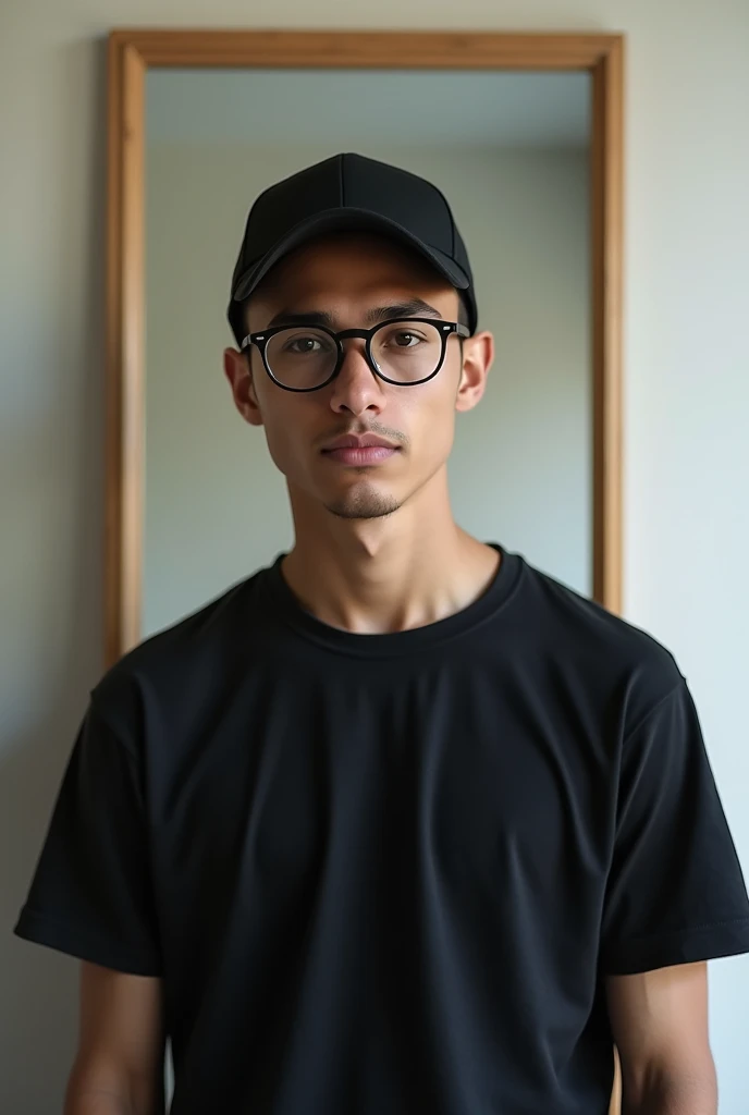 Photo of a 22 year old light brown man in front of the mirror wearing a black cap with glasses wearing a black short sleeved shirt and behind a neutral room