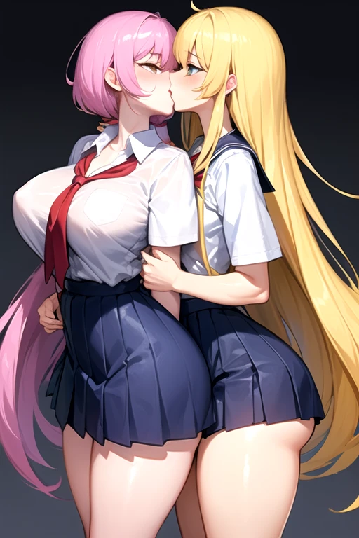 Lesbian (very long loose yellow hair)(big breasts, big thighs)(with school uniform clothes it is very tight) that he is kissing at school with his girlfriend,(big breasts, big thighs)lesbian love